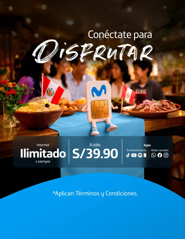 Conéctate para disfrutar. Internet ilimitado x siempre, a solo S/39.90. Aplican términos y condiciones.